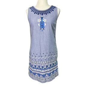VINEYARD VINES Womens 0 Light Blue Embroidered Chambray Sleeveless Shift Dress